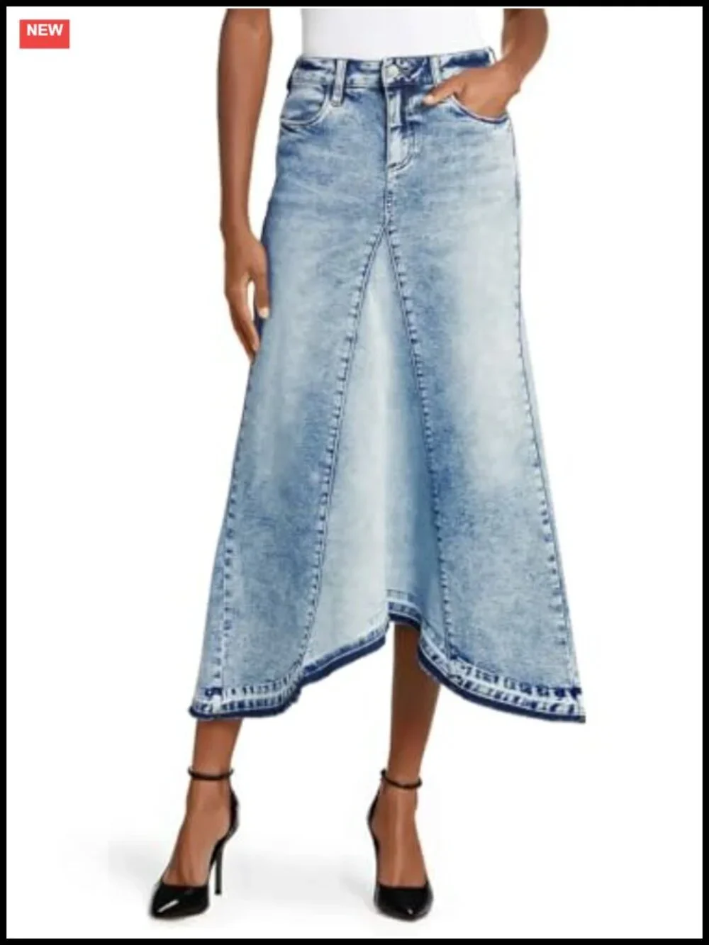 Frayed Hem A-Line Denim Maxi Skirt with Pockets